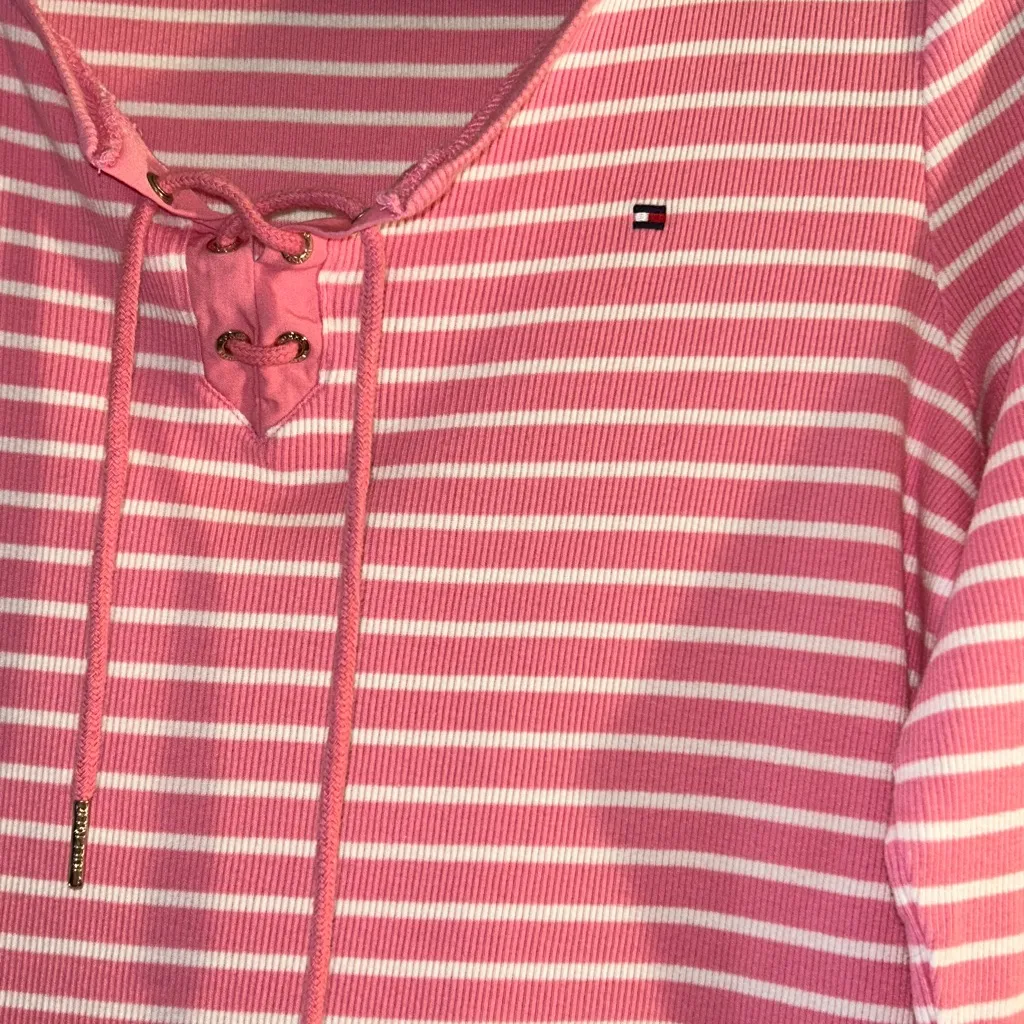 Tommy Hilfiger Size L 3/4 Sleeve Pink Ribbed Striped Top - Image 3