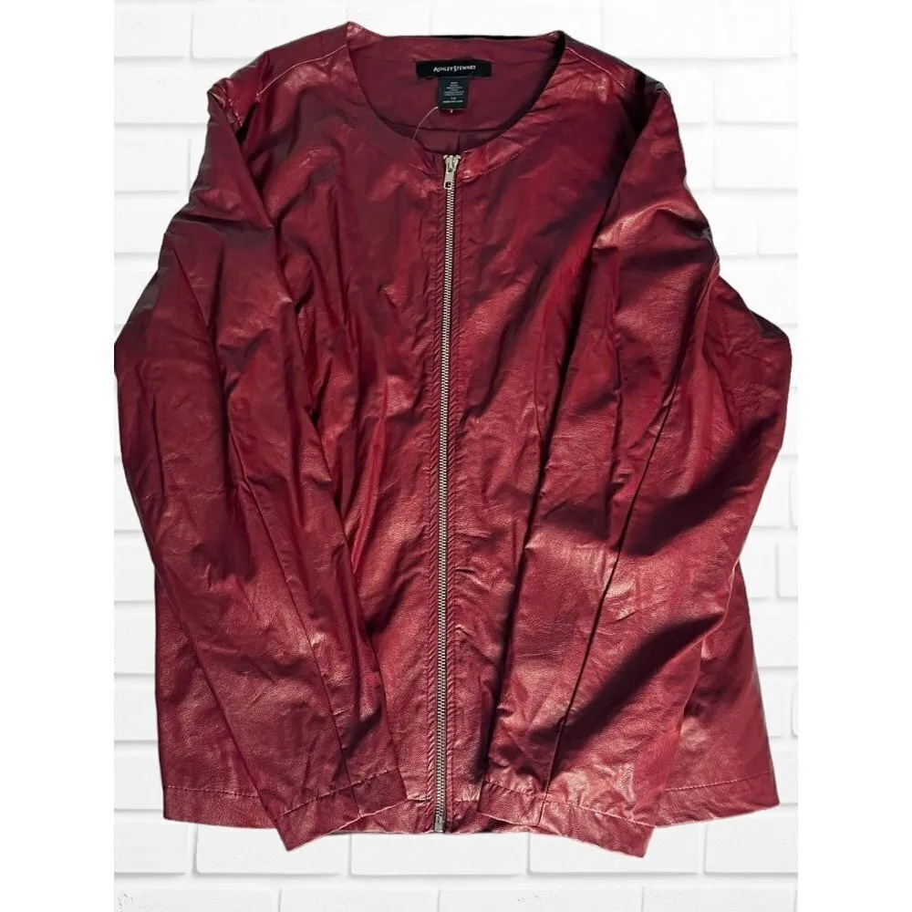Ashley Stewart Jacket Women's Size 14 Red Pleather Zip Up Faux Leather - Image 2