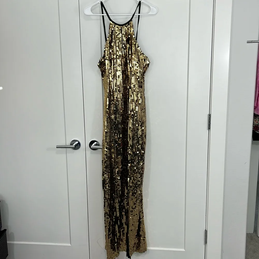 Vintage Nadine Size 9 Gold Sequin Formal Halter Neck Backless Dress - Image 4