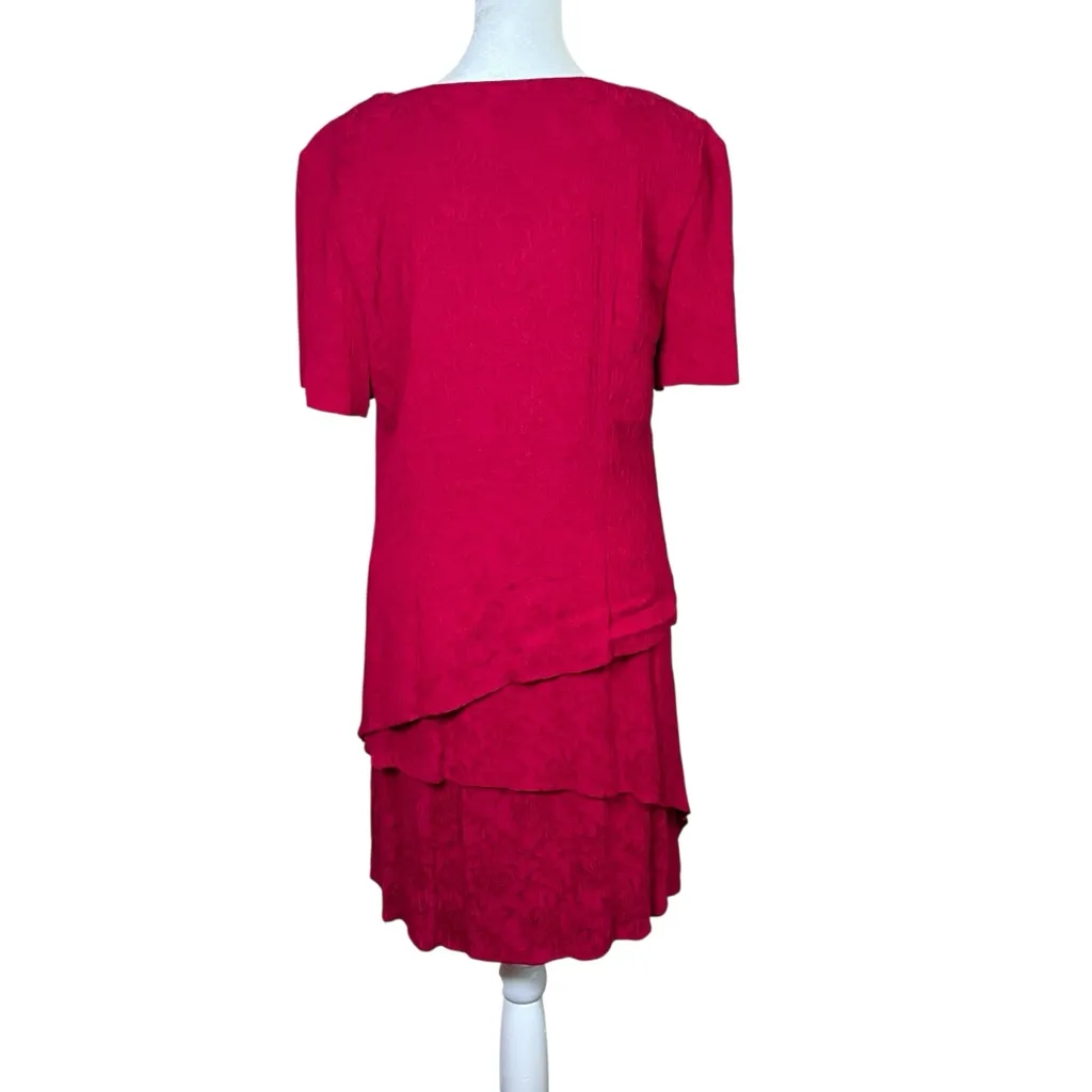 VTG S.L. Petites Red Tiered Ruffle Midi Dress Gauzy Floral Modest Sz 8P USA Made - Image 5