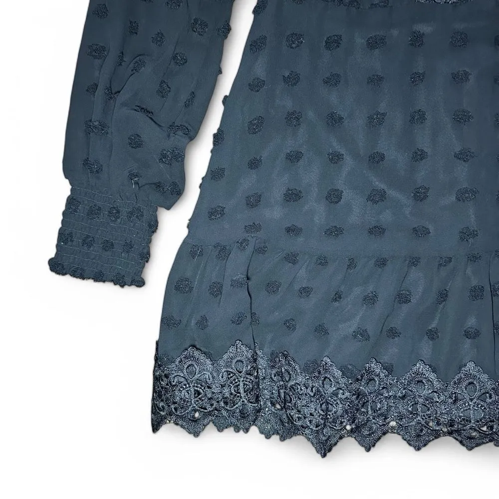 Love By Design Black Swiss Dot Chiffon Lace Trim Cocktail Dress - M - Image 5