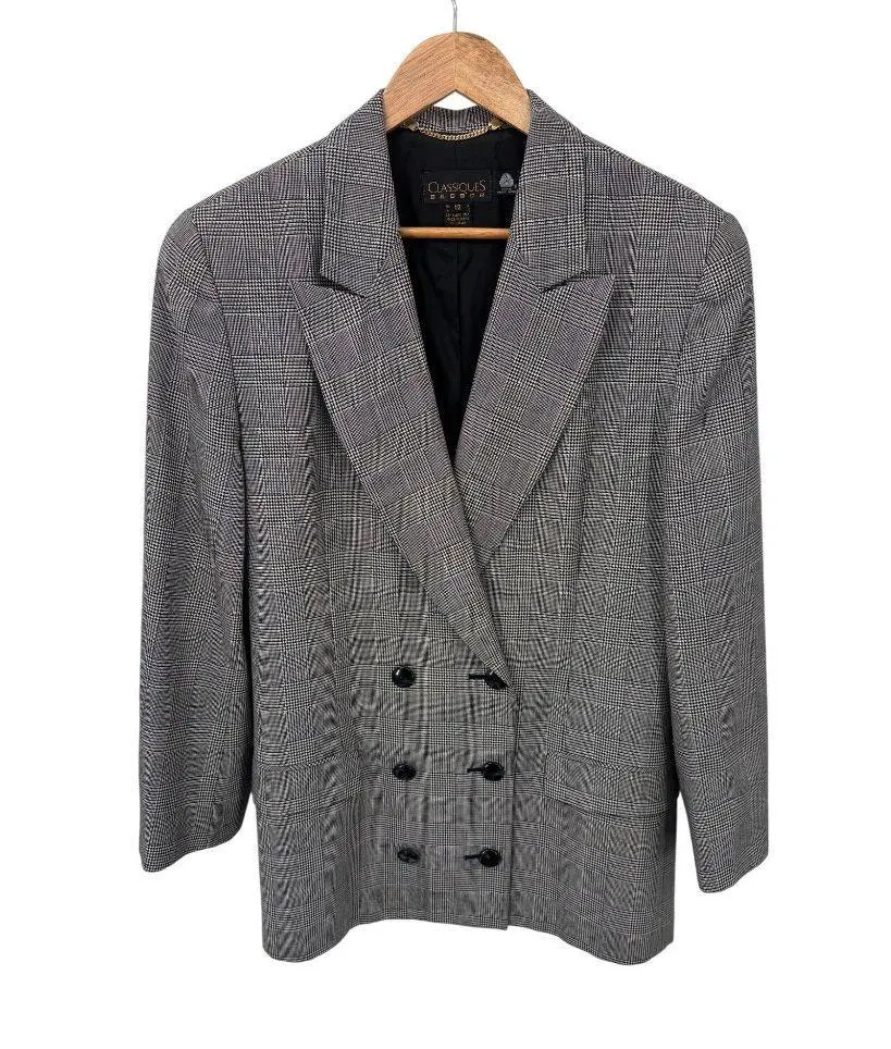 Classiques Entier Double Breasted Blazer Womens 12 Black White Plaid Wool VTG - Image 1