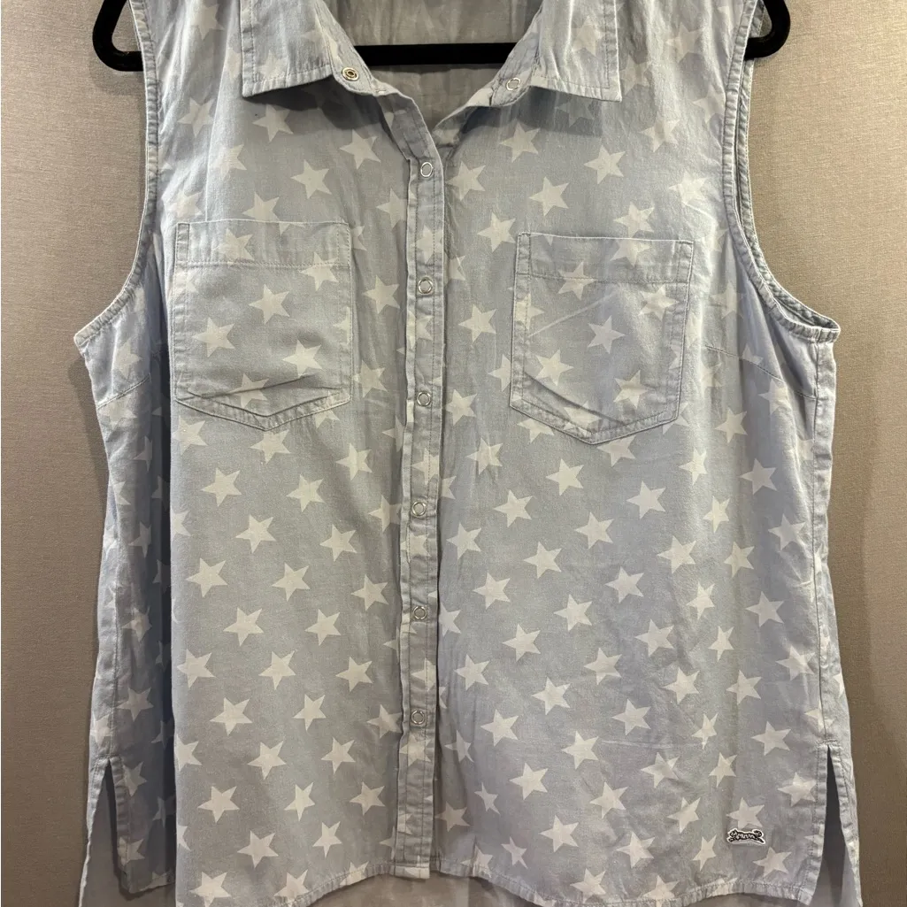 Le Tigre women’s XL button down tank top star pattern denim light weight Blue - Image 4