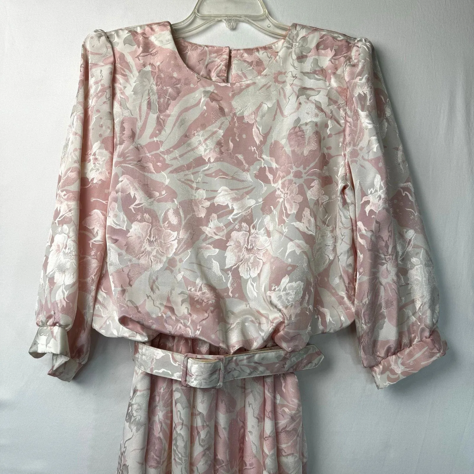 Vintage 80s Von Bramlett Pink Floral Metallic Secretary Dress Size Medium - Image 10