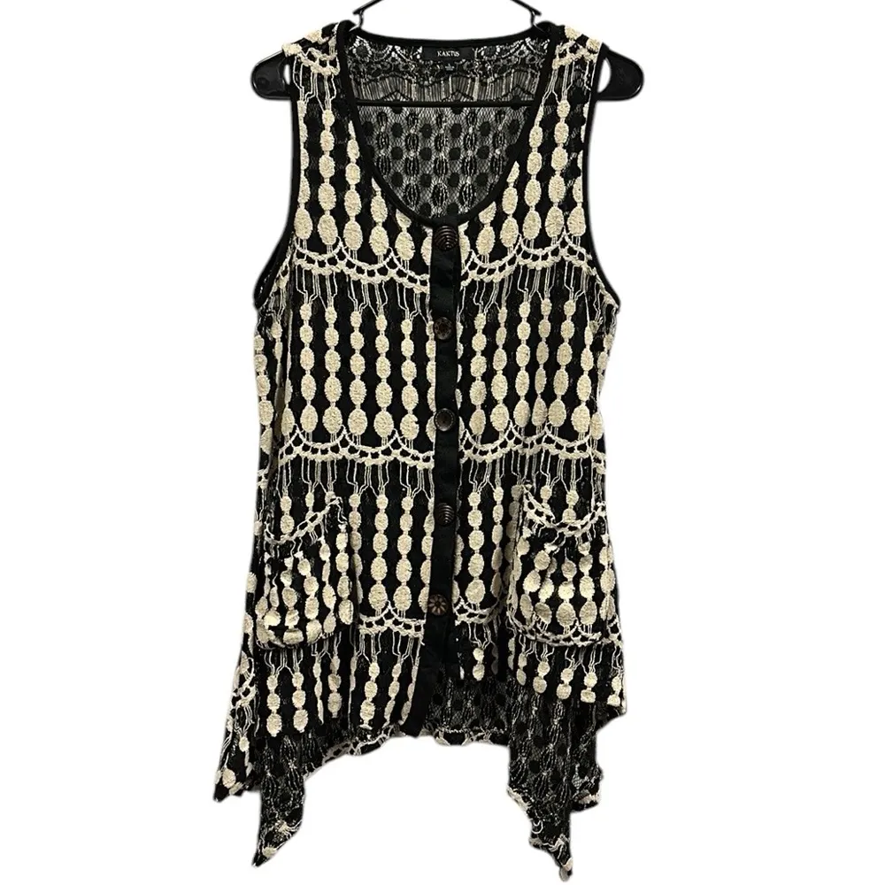 Kaktus Crochet Knit Black White Asymmetrical Button Up Cardigan Vest Large - Image 5