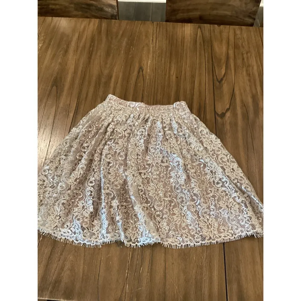 Anthropologie HD in PARIS Champagne Silver Metallic Lace Eyelash Hem Skirt Sz 0 - Image 12