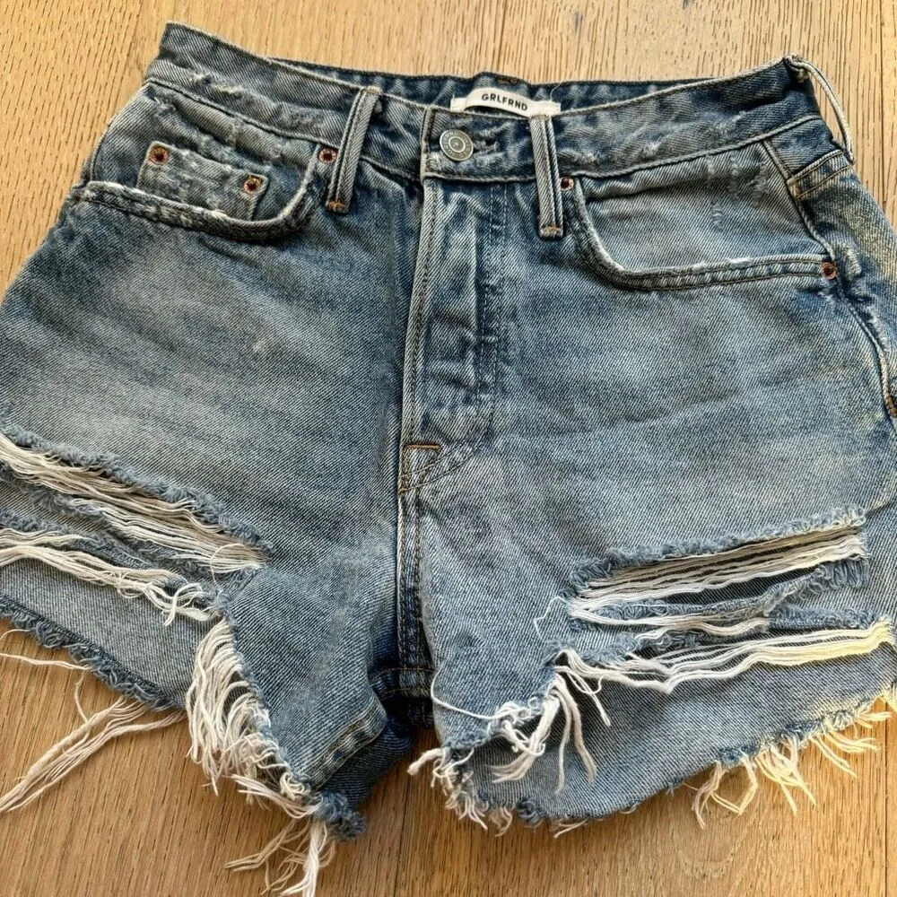 GRLFRND Helena High Rise Button Fly Jean Shorts in Haggard Wash Frayed Size 24 - Image 2
