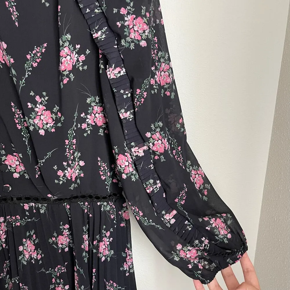 ML Monique Lhuillier Black Floral Ruffle Pleated Dress (Size 10) - Image 5