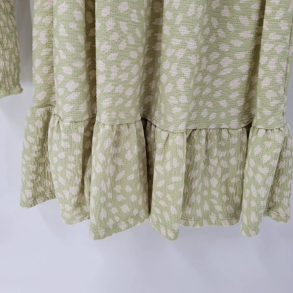 Miss Selfridge Womens Tunic Top 2 Green Textured Smocked Puff Sleeve Ruffle Mini - Image 9