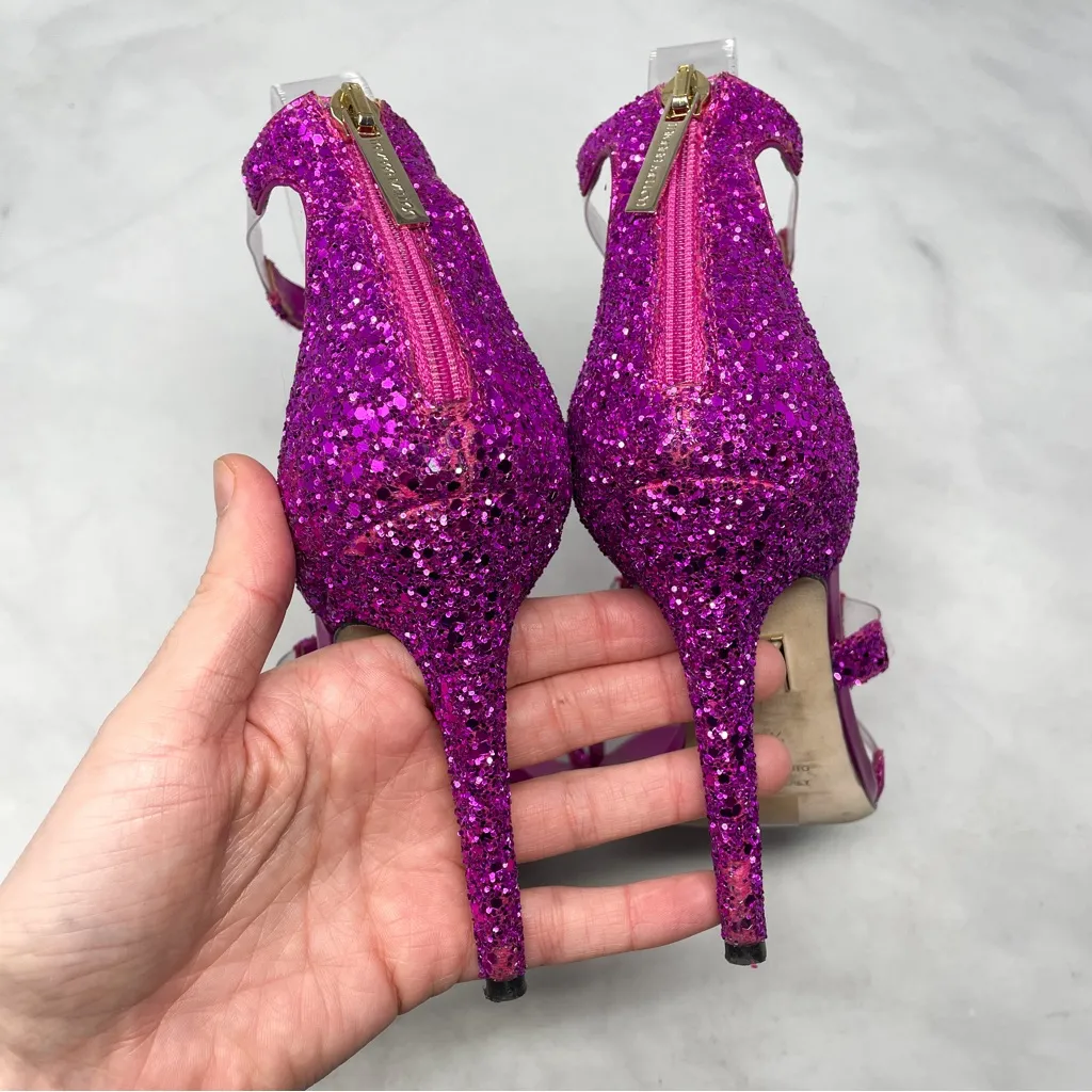 Tamara Mellon Frontline 105 Glitter PVC Sandal Heels Fuschia Hot Pink Glam 35.5 Size undefined - Image 11