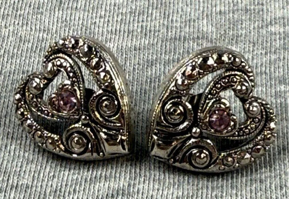 Vintage Heart Pierced Post Earrings Rhinestone & Silver Tone Metal Design - Image 2