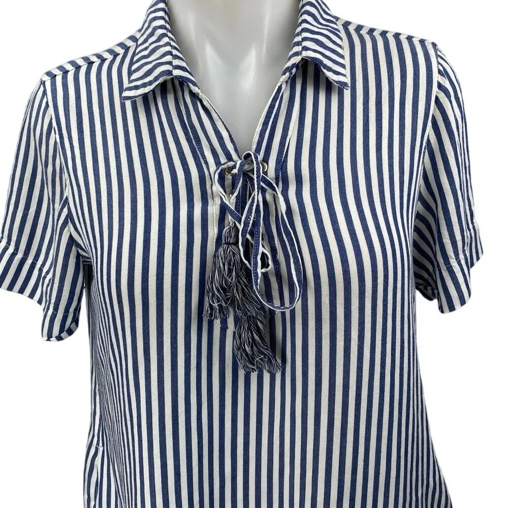 Tommy Bahama Blue White Striped Short Sleeve Tassel Mini Shirt Dress Size S - Image 4