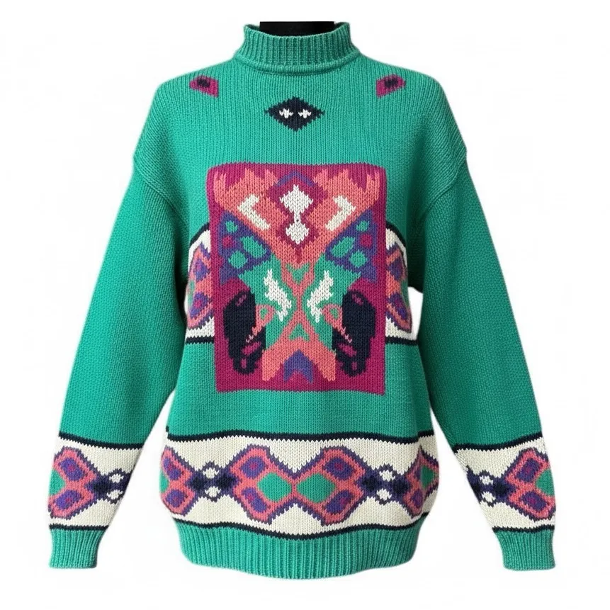 Vintage Green Southwestern Graphic Mock Neck Sweater Size Medium, Retro Aztec - Image 1