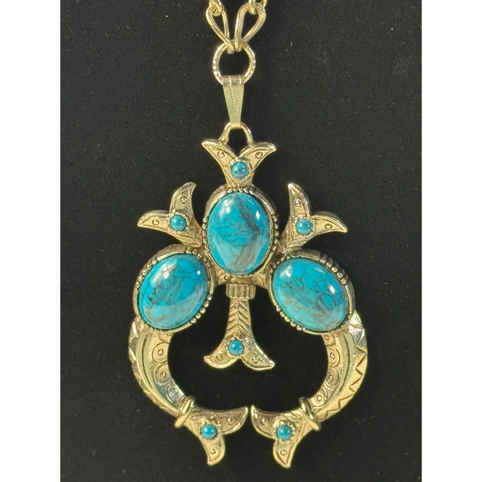 Turquoise vtg Gemstone Southwestern Style Pendant Necklace Silver Tone Blue - Image 2