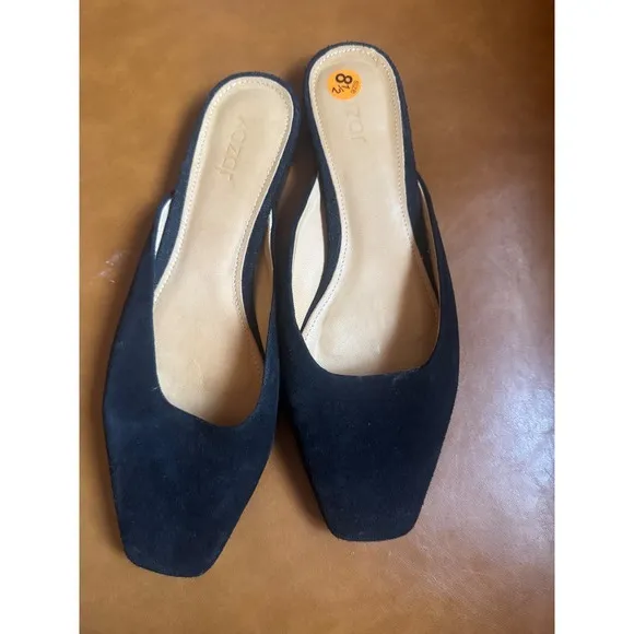 Black Suede Square Toe Mule Flats Womens Size 8.5 Pointed Heel Slip On Shoes - Image 4
