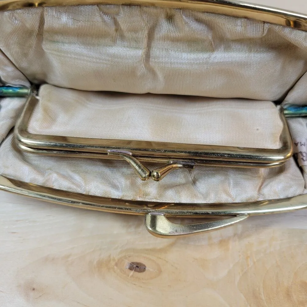 Vintage Clasp Clutch Pocketbook Womens 7" Gray Gold Frame Purse Evening Bag - Image 10