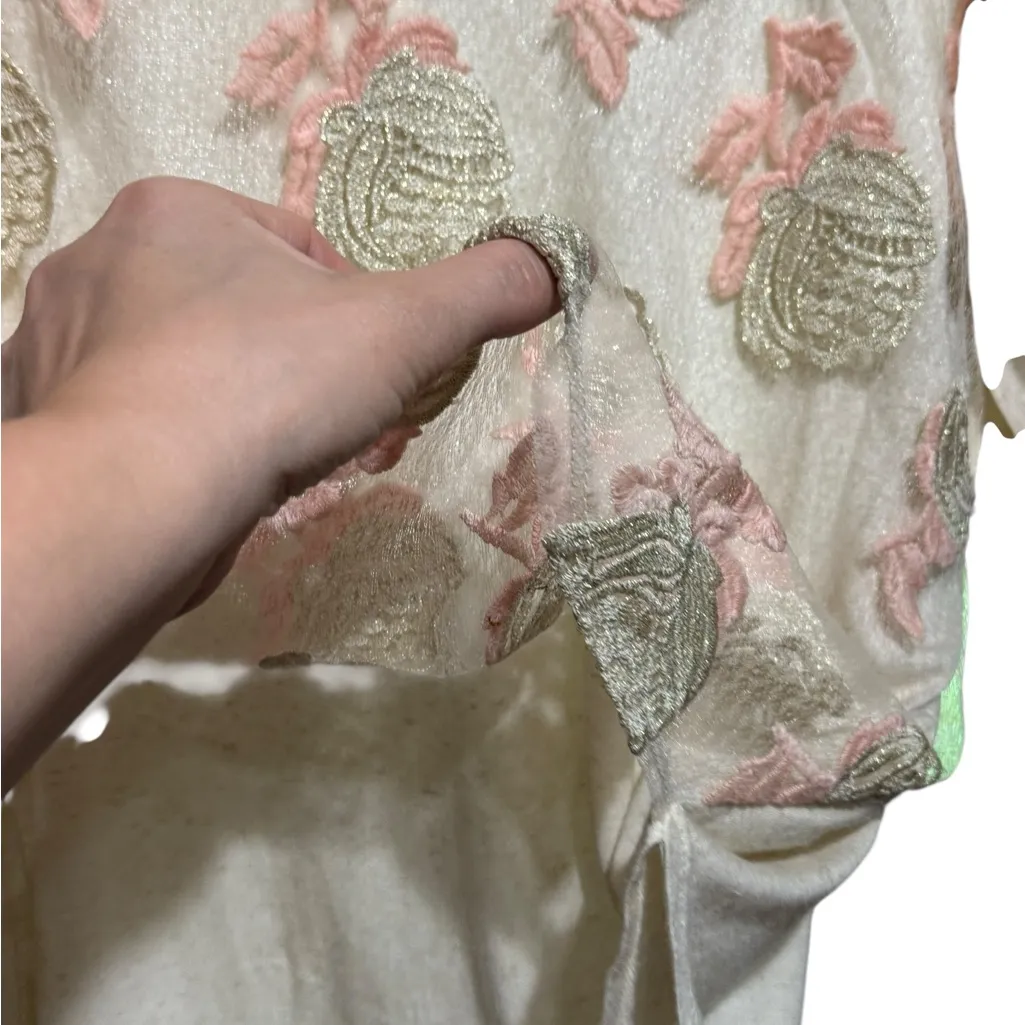 Anthropologie Brandlabel Womens Beige Cap Sleeve Floral Embroidered Blouse Sz M - Image 4
