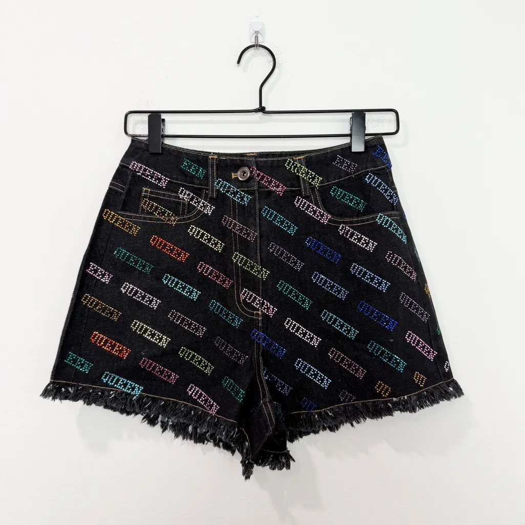 Queen Of Sparkle Rhinestone Denim Shorts Dark Wash Cut offs Size XS Blue - Image 2