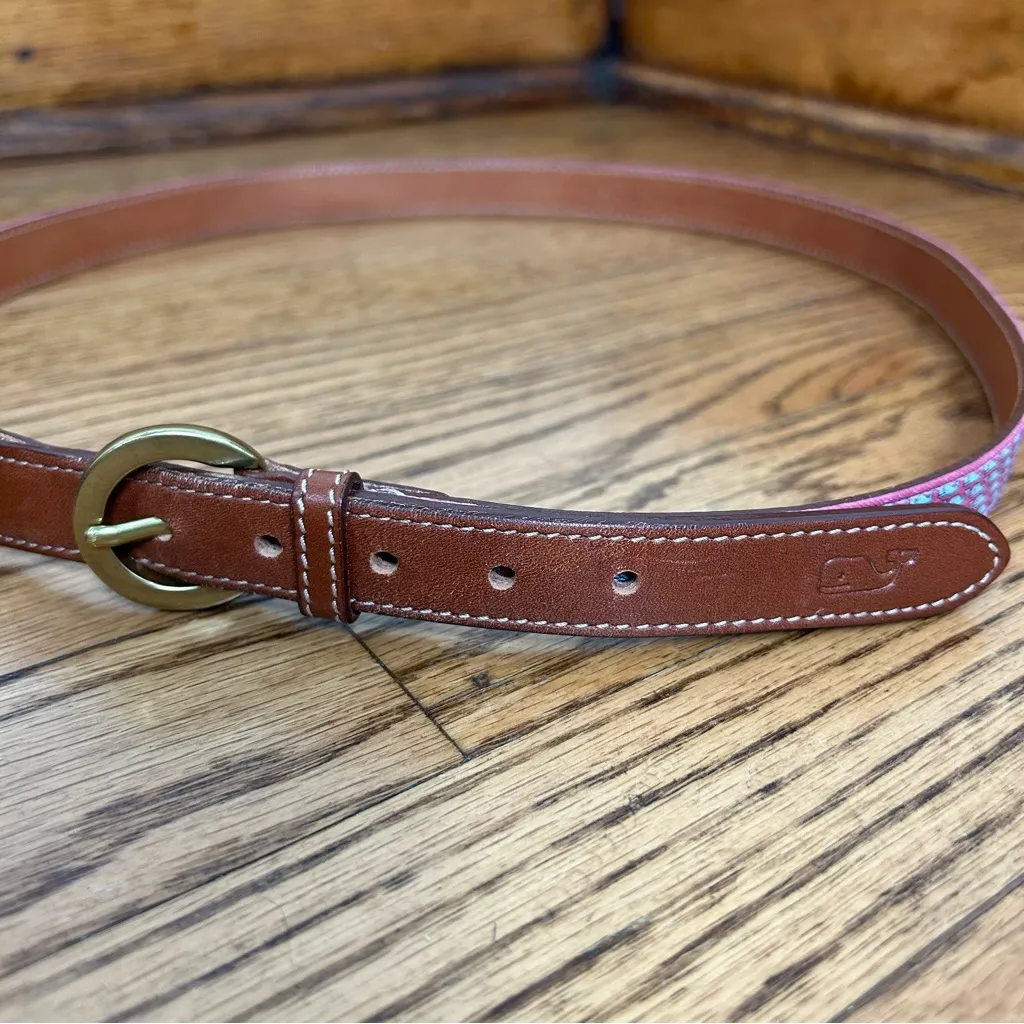 VINEYARD VINES Pink Mini Blue Whale Brown Leather Brass Buckle Belt Size L - Image 4