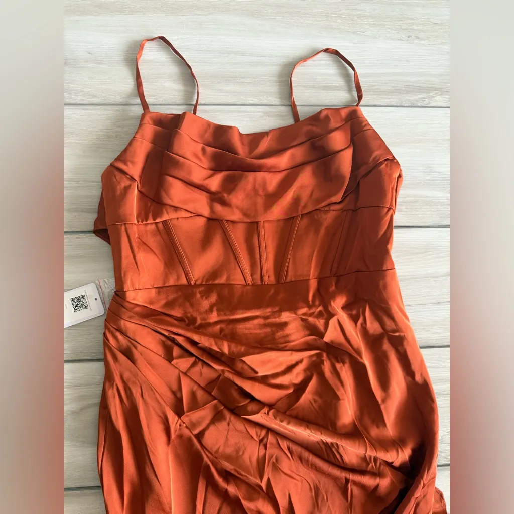 Azazie Mai Sheath Pleated Stretch Satin Dress Orange Size 12 NWT IN PACKAGE - Image 6