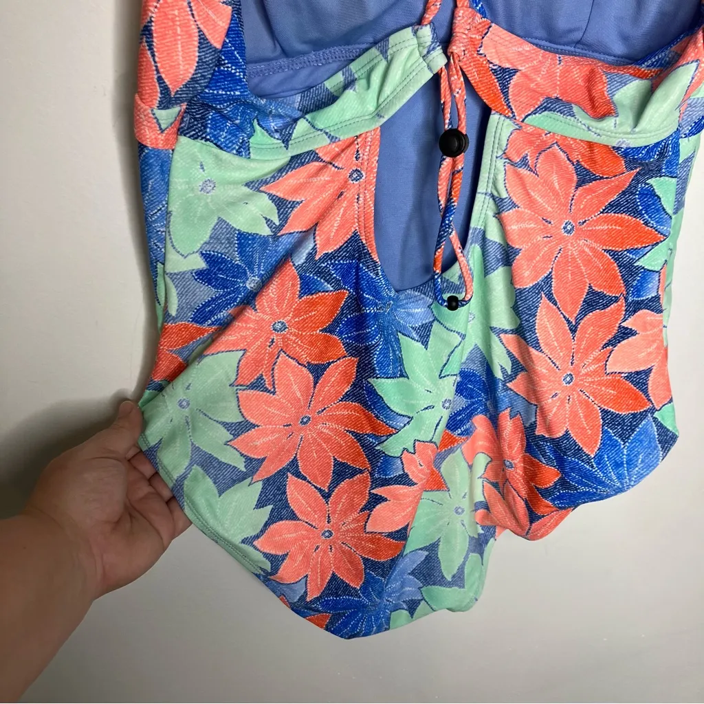 Eddie Bauer one piece swimsuit v-neck women’s size XL‎ floral orange green blue - Image 6