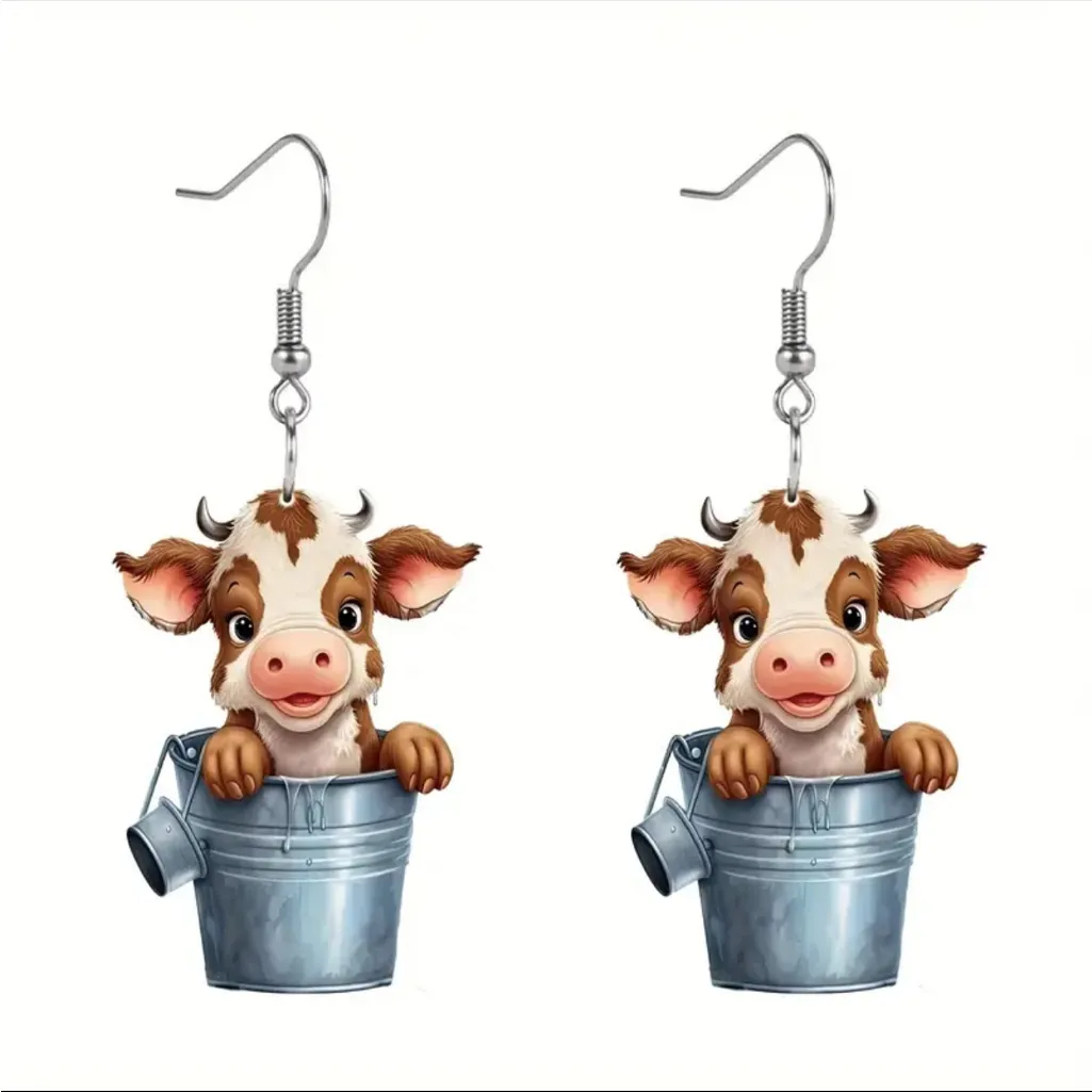 Cute Cow Bucket Design Acrylic Dangle‎ Earrings Cartoon Y2K Style Adorable - Image 3