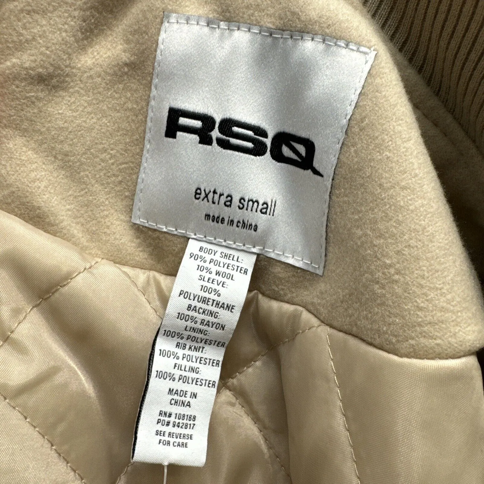 RSQ Varsity Lettermen Jacket Women Size Small Beige-Taupe With Ivory - Image 12