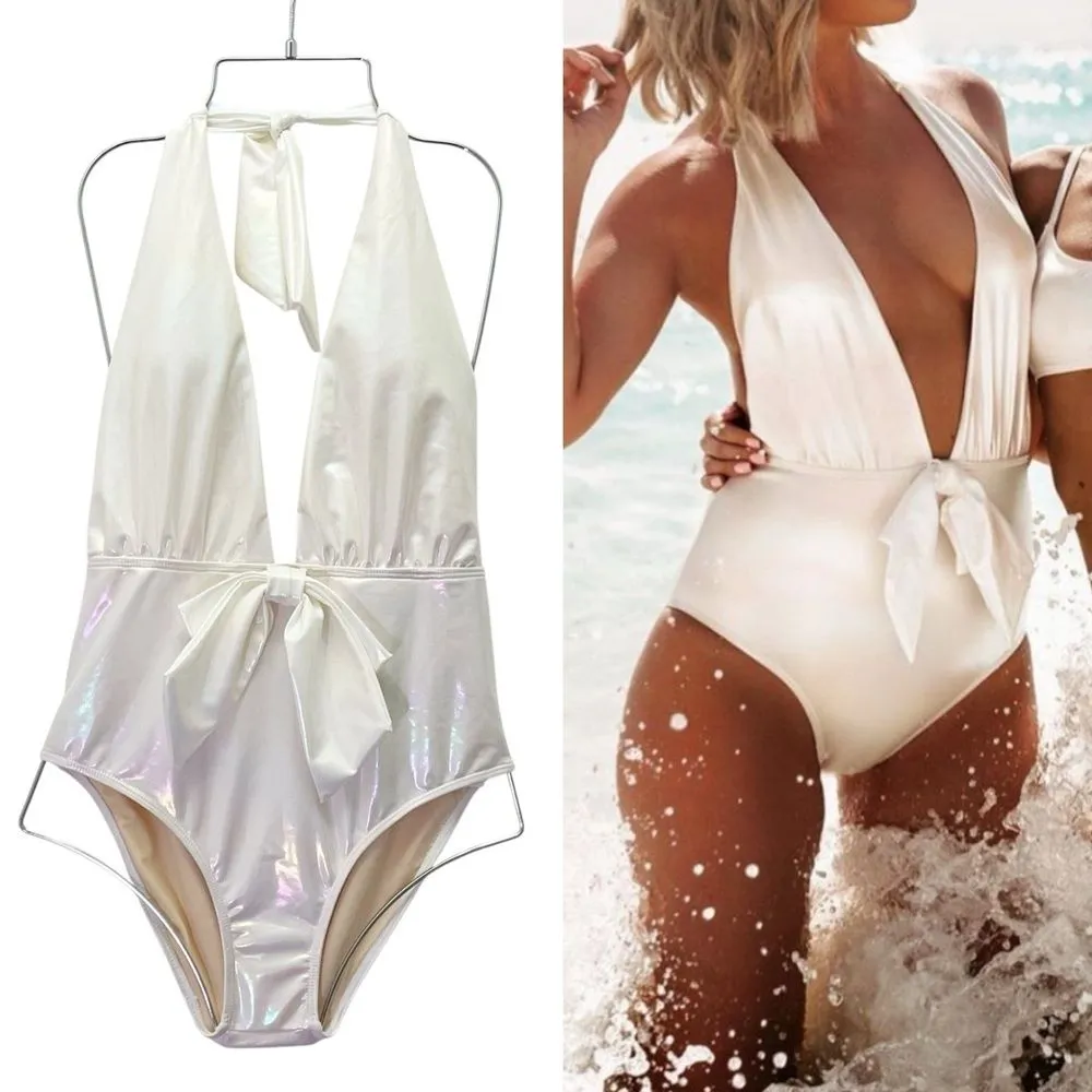 NWT Beach Joy White Metallic Plunge One Piece Swimsuit Size Medium Bridal Bow - Image 15