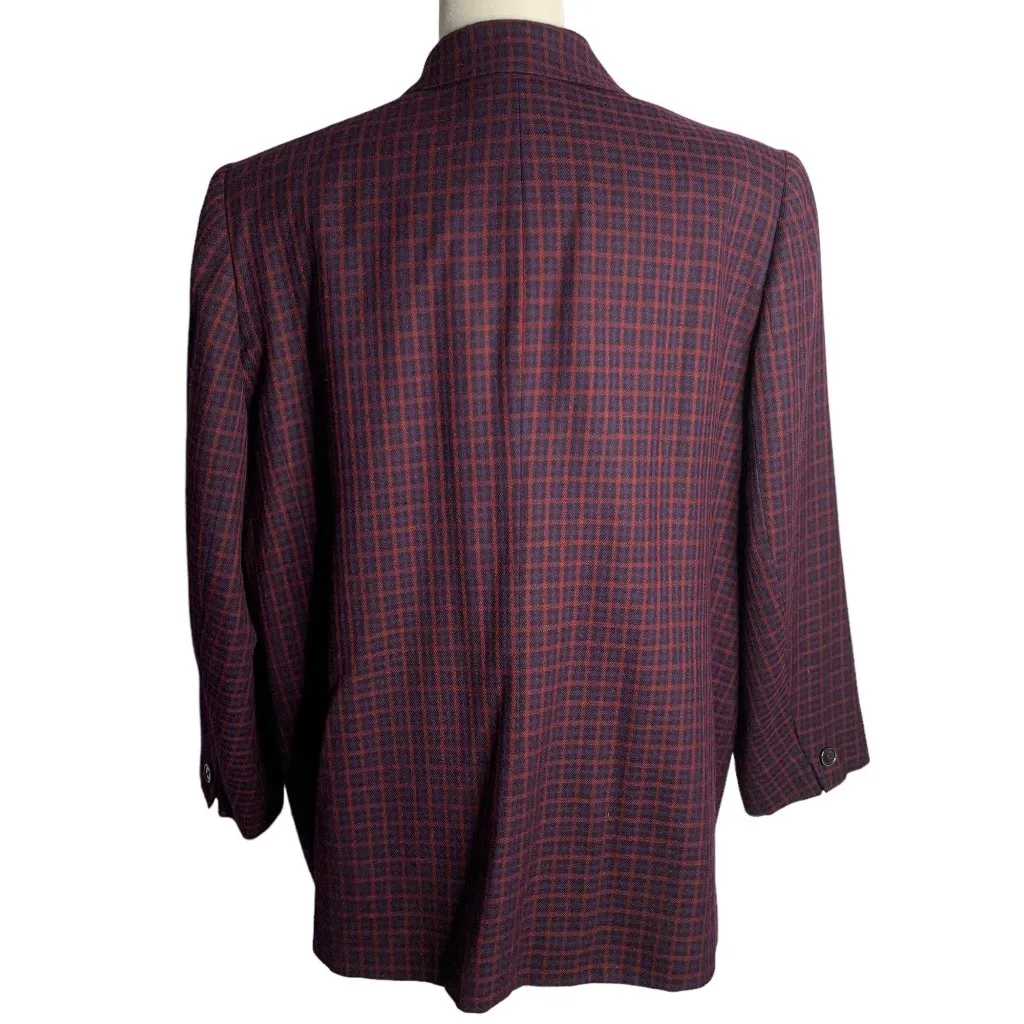 Vintage Worsted Wool Blazer Jacket XL Purple Plaid Shoulder Pads Buttons Pockets - Image 4