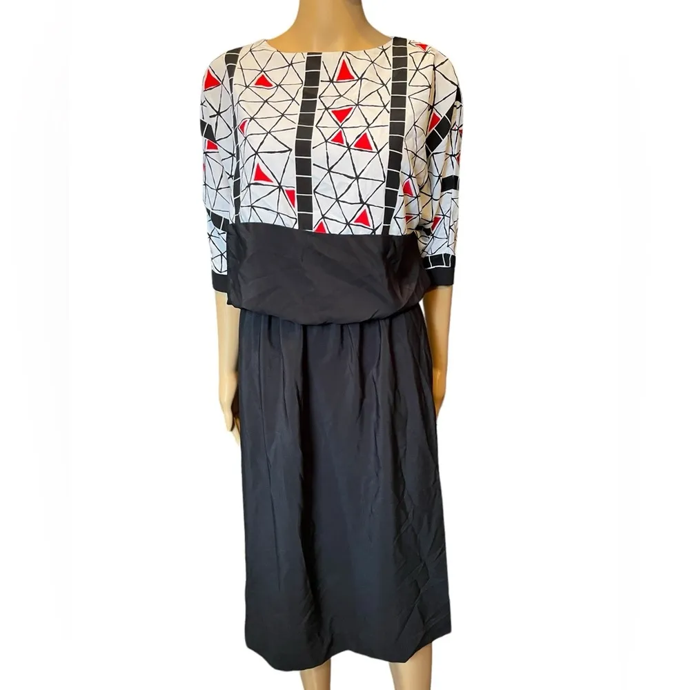 Toni Todd Vintage 70s Black White Red Mosaic Geometric Art to Wear Midi Dress Size 1X - Image 2