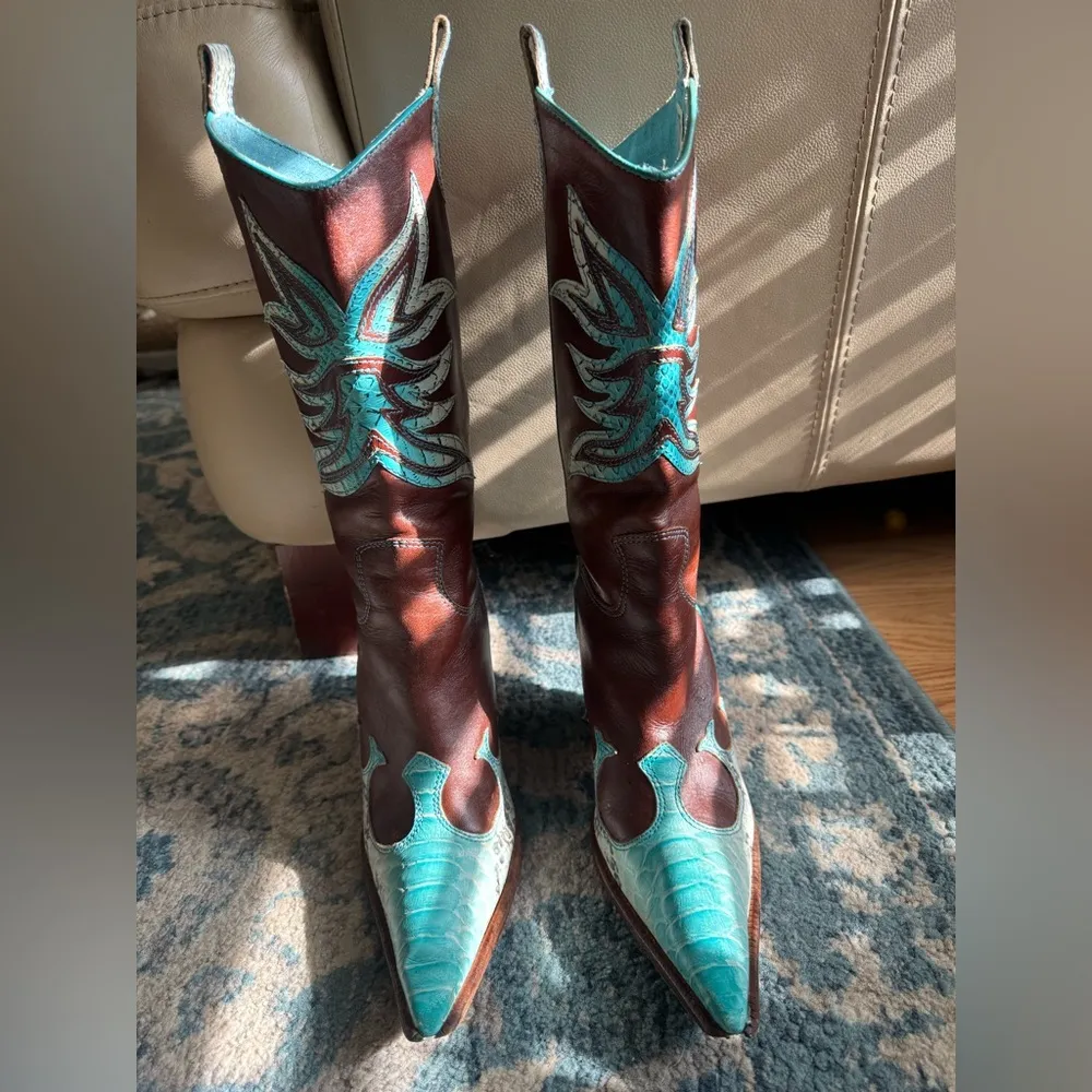 Para Raio Western Barn Hard To Find Brown,Teal Snake Skin Cowboy Boots, Size 7 Brown - Image 15
