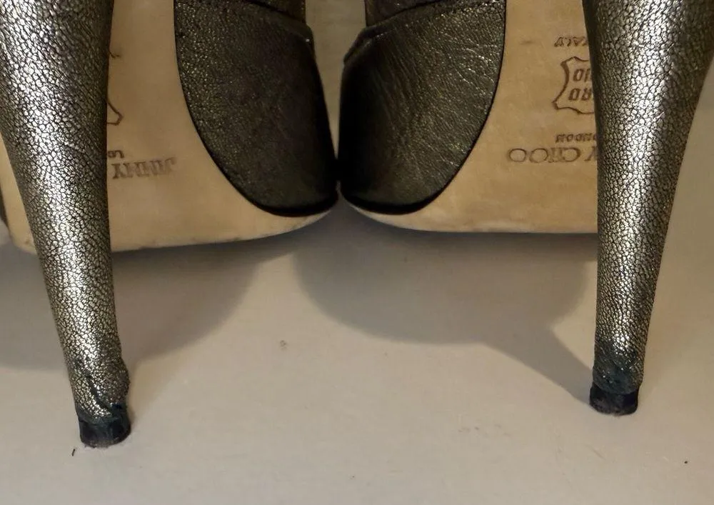 Jimmy Choo Crinkle Metallic Gunmetal Silver Sexy Mary Jane Peep Toe Heels EU 40 - Image 7