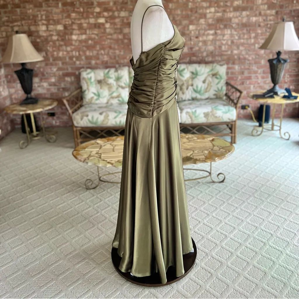 Jessica McClintock Gown Satin Ruched Olive Green Dress Cocktail Evening 4 - Image 10