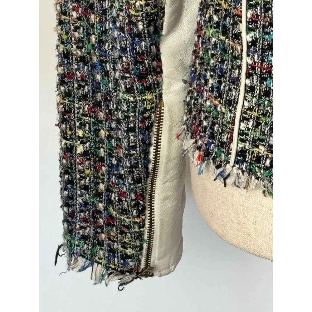 Ramy Brook Jacket Women Small Black Tweed Leather Sleeve And Trim Full Zip Retro - Image 13