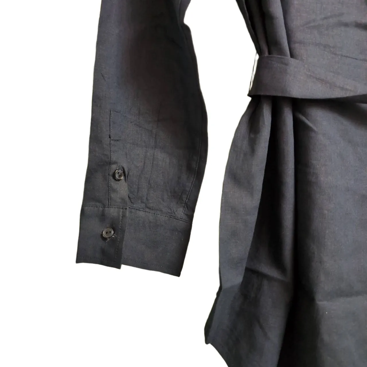 NWT Andie Button Up Linen Blend Navy Blue Tie Waist Long Sleeve Collared Shirt L - Image 5