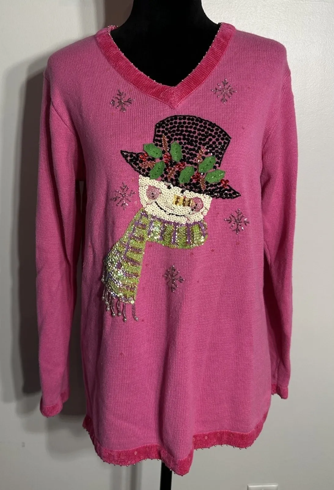 Quacker Factory Sweater Pink Snowman Sequins Long Sleeve Beaded Holidays Medium - Image 1