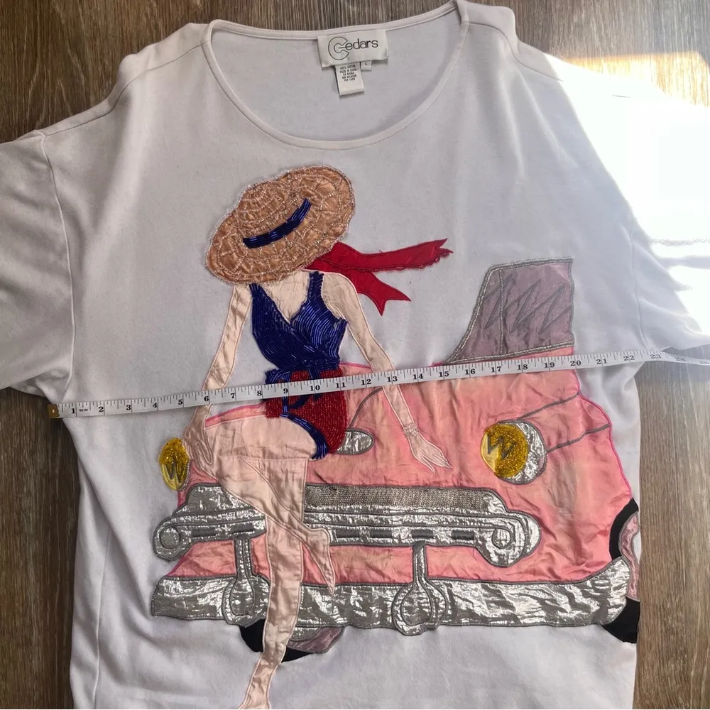 Thick Retro Fashionista Embroidered Beaded Classy Lady Red Pink Car Shirt Large - Image 7