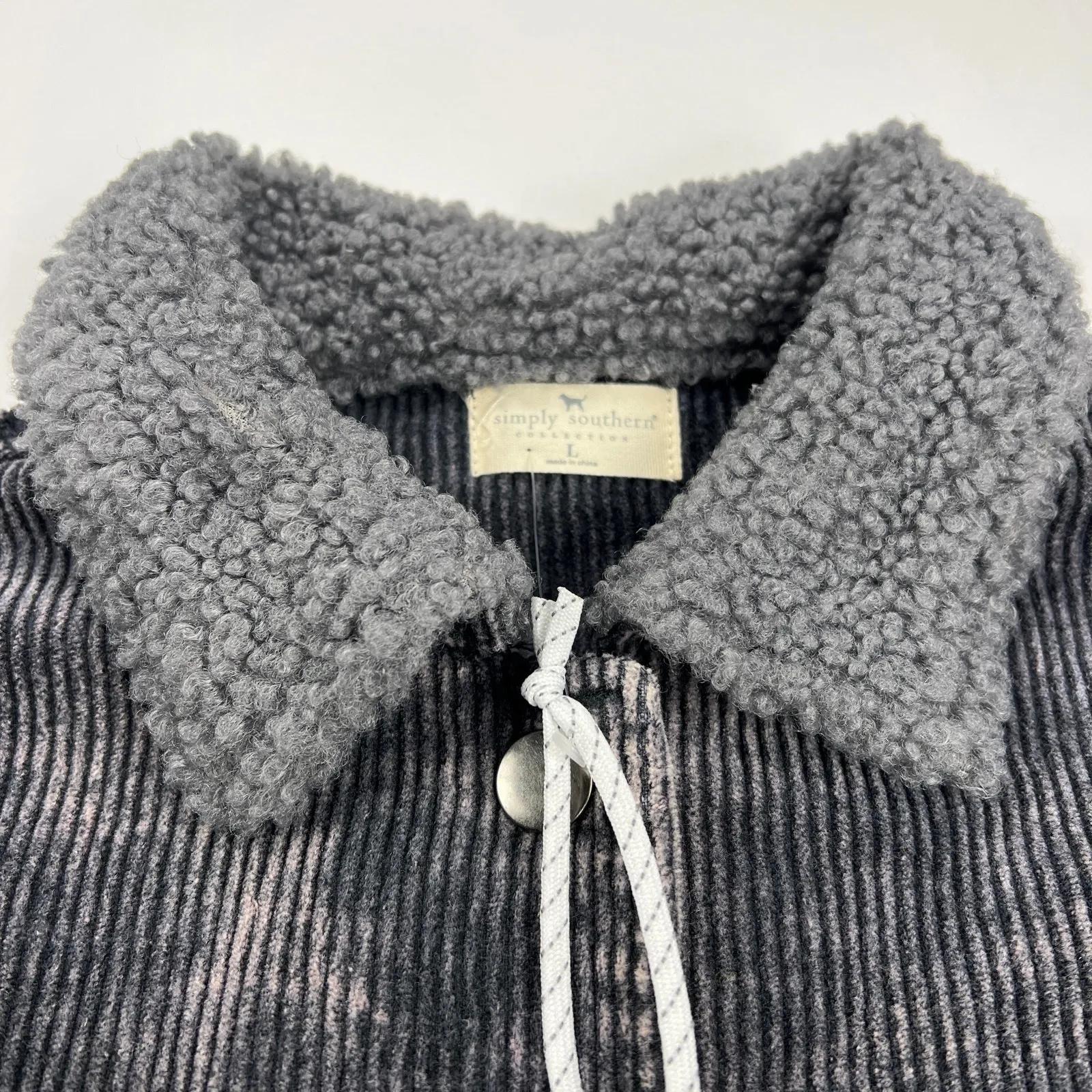 Simply Southern Gray Acid Wash Corduroy Jacket Sherpa Collar Distressed Size L - Image 9