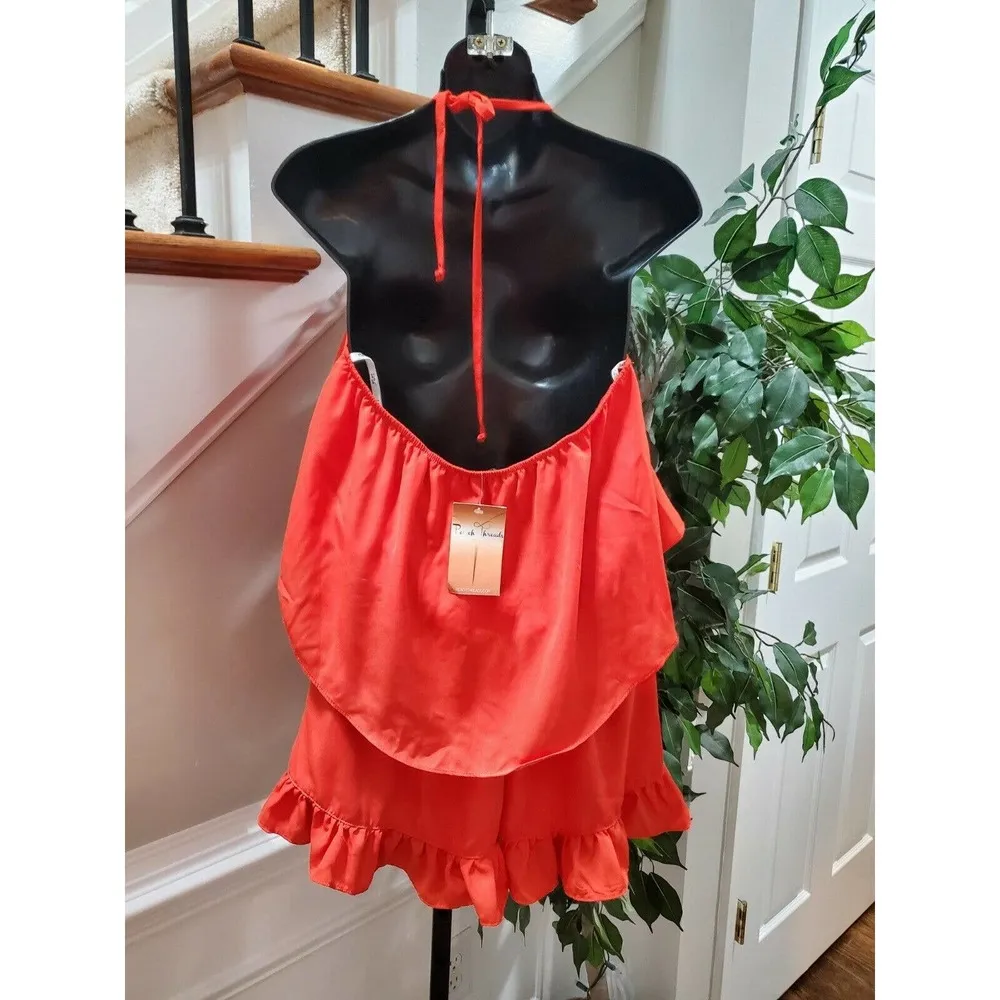 Boutique VAVA Women's Solid Red 100% Polyester Strappy Ruffle Romper Size Medium - Image 7