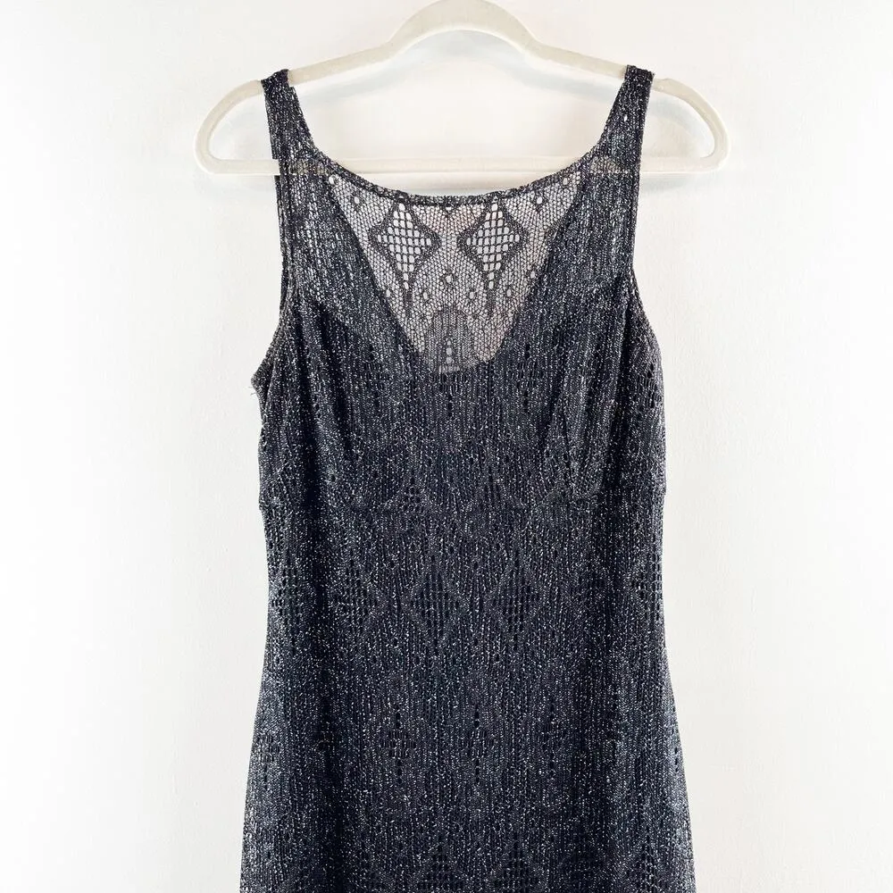 Vintage JS Collections Metallic Fringe Hem Lace Maxi Slip Dress Black 12 Size 8 - Image 5