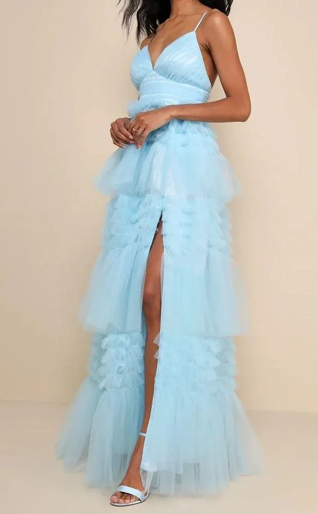 LULU’S Gorgeous Statement Blue Tulle Tiered Ruffled Maxi Dress - Image 3
