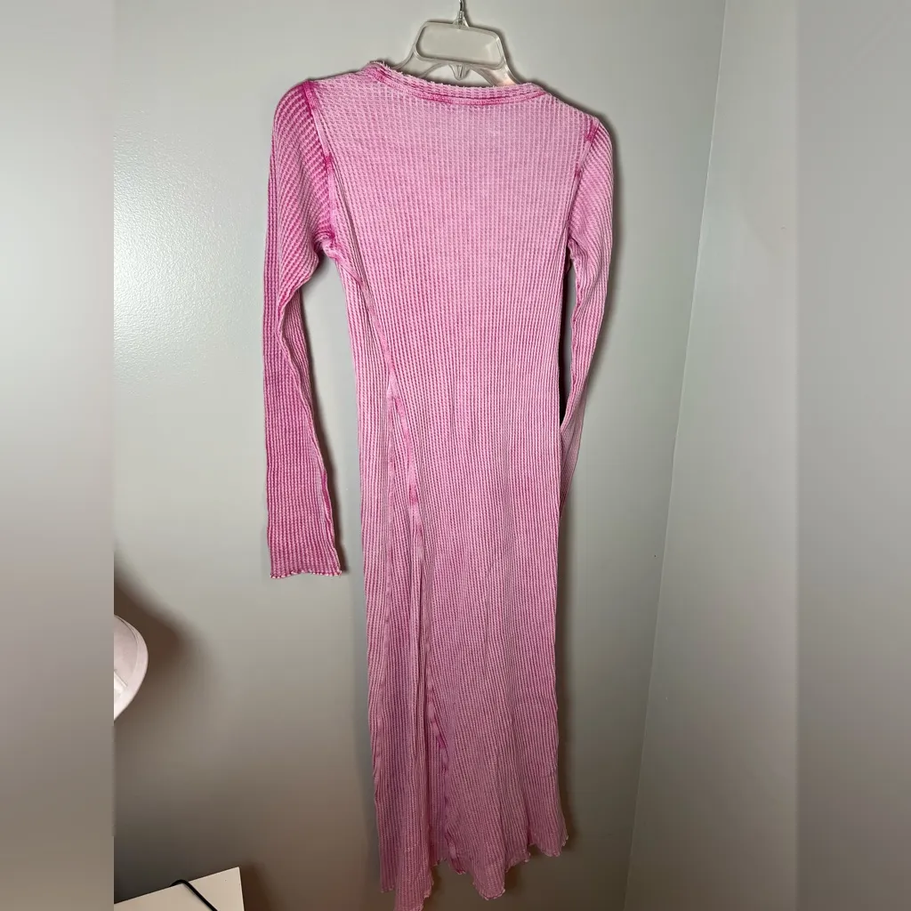 Free People Natasha Waffle Thermal Hot Pink Ruched Long Sleeve Midi Dress Size S - Image 4