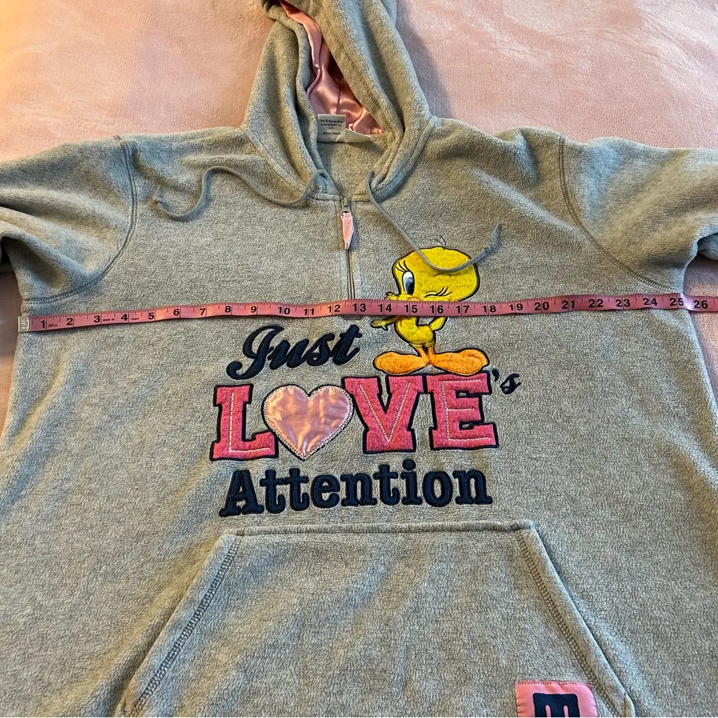 Looney Tunes vintage 90s Y2K Tweety gray fleece 1/4 zip pullover hoodie 2X - Image 9