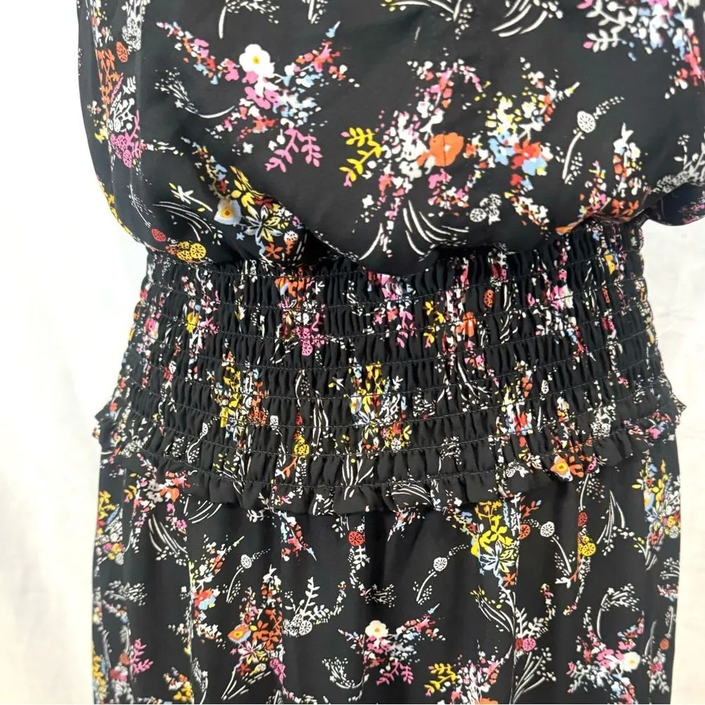 high mock neck smocked black ditsy floral midi dress size medium - Image 6