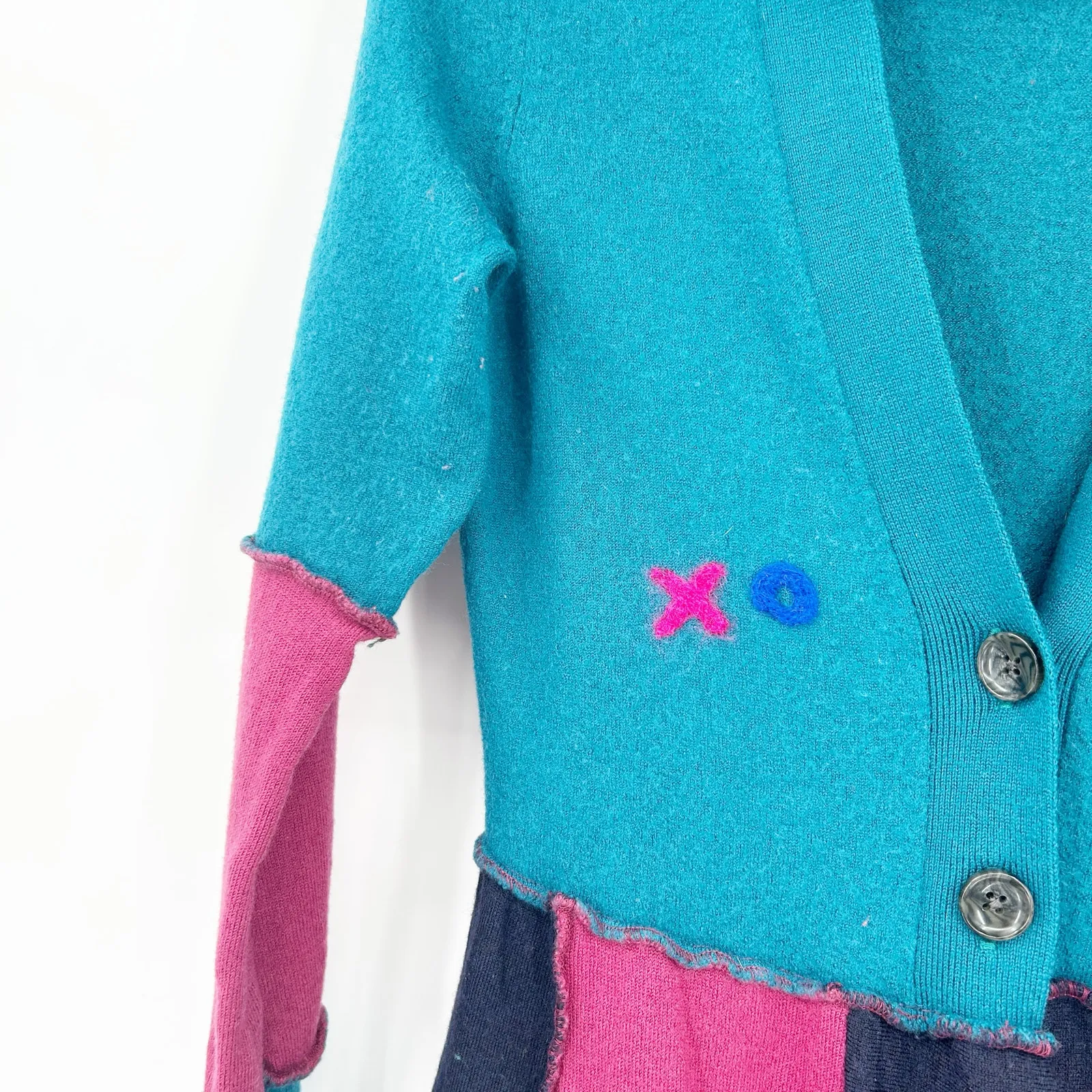 Ragged Thistle Womens Handmade Boho Hippie Mushroom Colorblock Cardigan Sweater Blue - Image 3