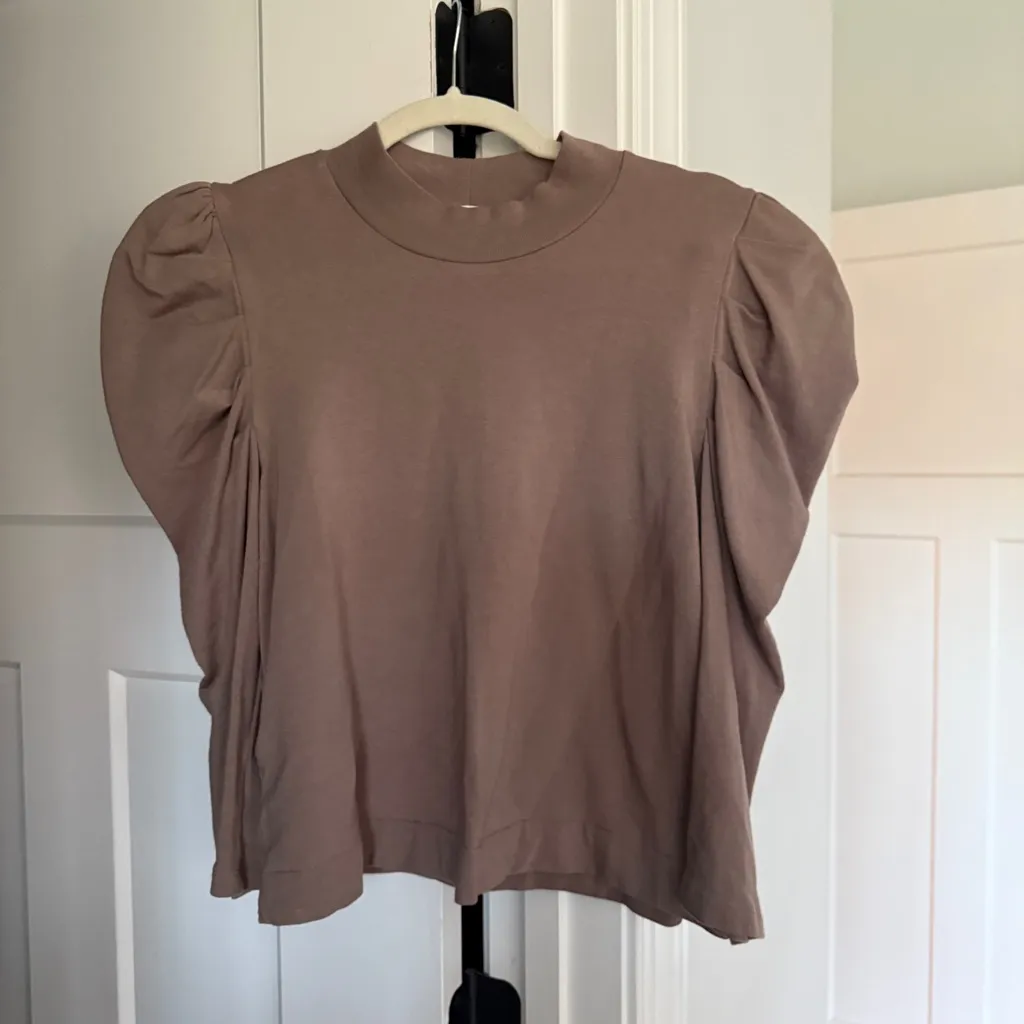 Cuyana French Terry Puff Sleeve Sweatshirt Top Mushroom Tan Pima Cotton - Image 3