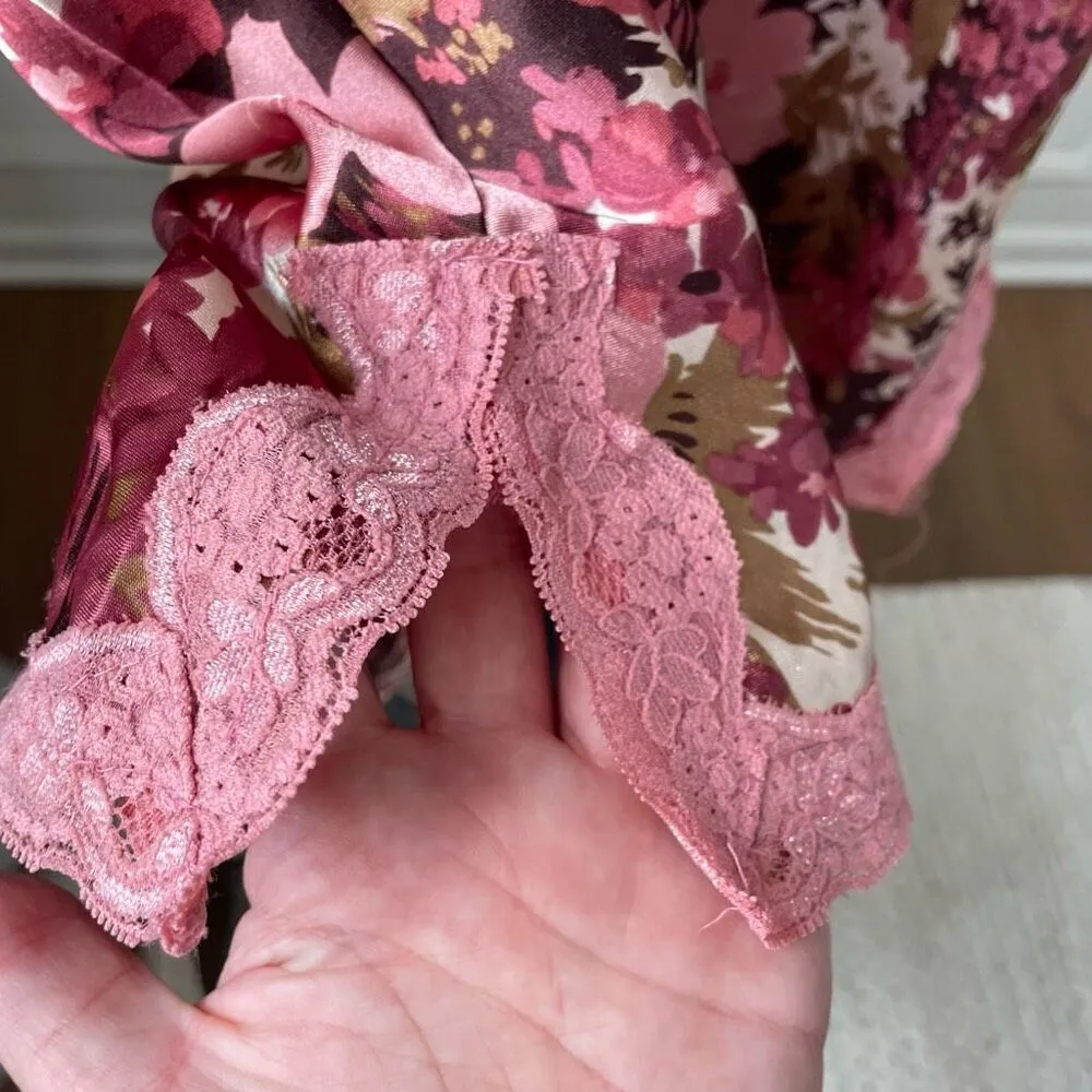 Vintage Y2K Floral Satin Camo Tank Lace Trim Mauve Pink Burgundy M Size M - Image 6