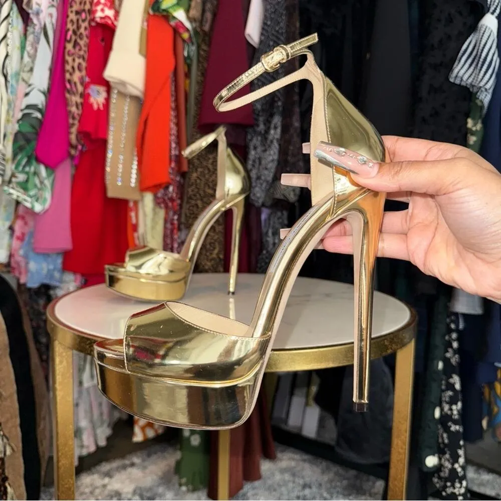 Jimmy Choo Gold Max 150 Mirrored-Leather Platform Stiletto Heel Open Toe Sandal - Image 3