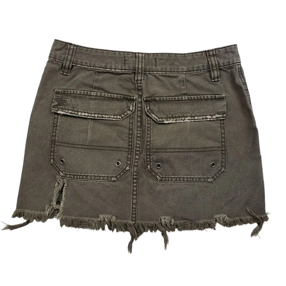 Free People Cargo Skirt Womens 25 Military Green Distressed Denim Fringe Y2K - Image 8