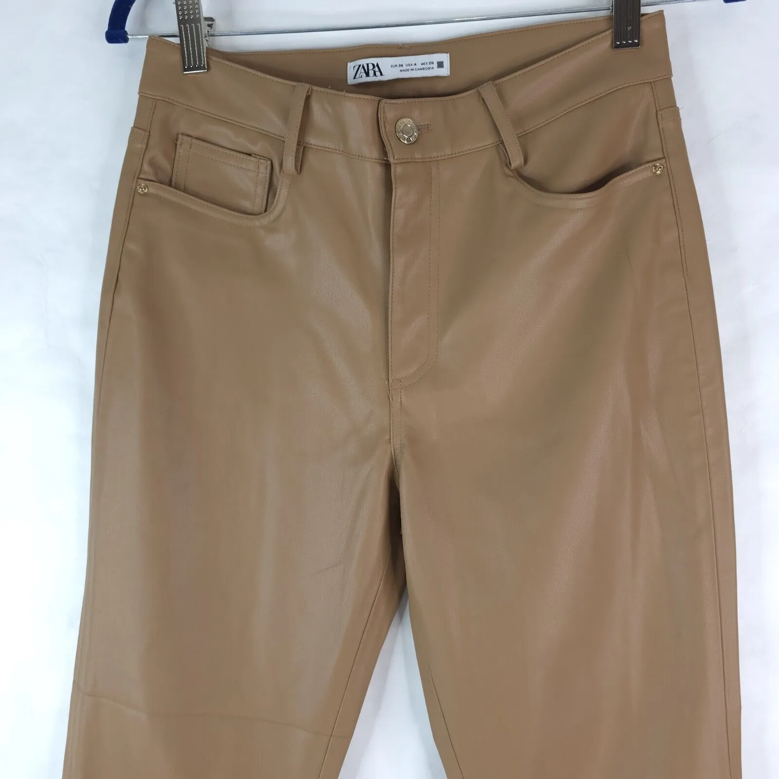 Zara Pants Womens 4 (27x25.5) Vegan Brown Faux Leather Flare Mid Rise - Image 3